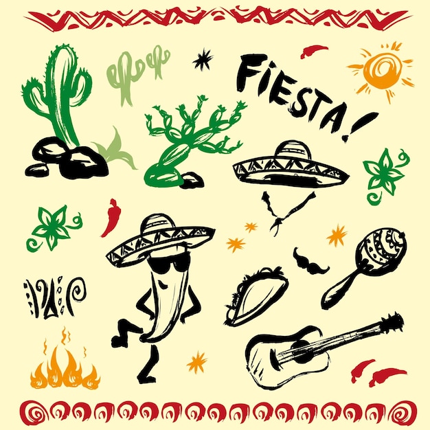 Hand drawn set of mexican symbols guitar sombrero taco skull music instruments vector