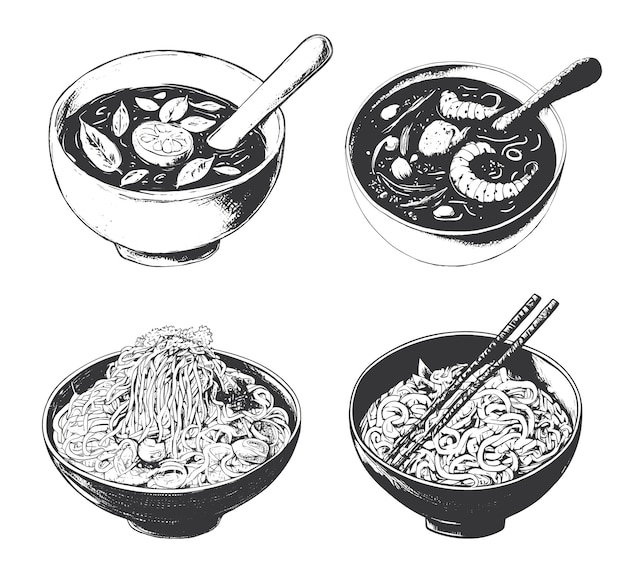 Hand drawn set of noodles in a bowls