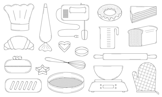 벡터 요리 제품을 만들기 위한 손으로 그린 베이킹 요소 및 도구 낙서 스타일 벡터
