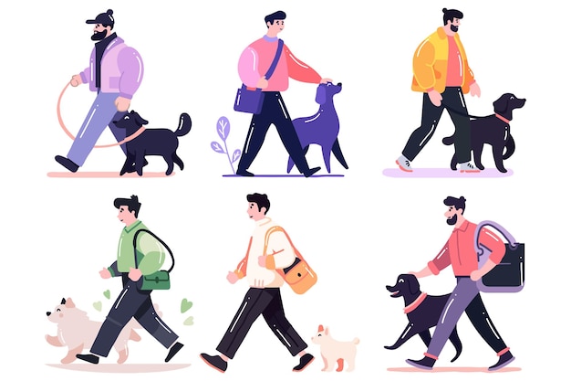 手描きのキャラクターセットは,背景に隔離された平らなスタイルで犬と幸せに歩いています.