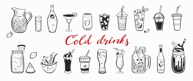 ベクトル 冷たい飲み物の夏のカクテルと飲み物の手描きセット