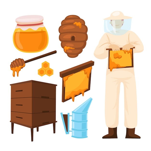 ベクトル かわいい養蜂家オブジェクトの手描きセットキャラクター要素蜂蜜とセットのベクトル図