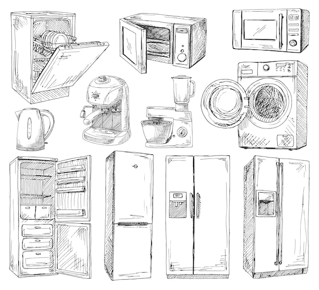 벡터 스케치 스타일의 다른 가전 벡터 일러스트 레이 션의 손으로 그린 세트