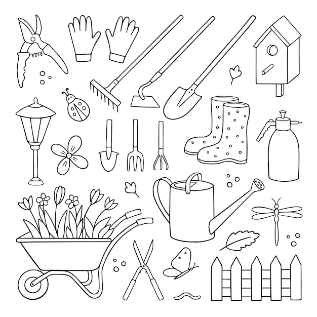 Ручной набор садовых каракулей садовые инструменты сельскохозяйственное оборудование в стиле эскиза