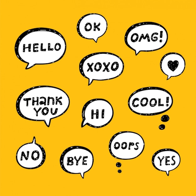 손으로 그린 짧은 문구가있는 연설 거품 세트 : 예, 아니오, 쿨, 감사합니다, 안녕, 괜찮습니다, Omg, Xoxo, Hello, Hi, Oops