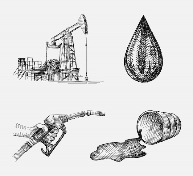 Vettore insieme disegnato a mano degli attributi dell'industria petrolifera. il set include una mano che regge una pistola di rifornimento, una pompa dell'olio per l'estrazione dell'olio, un'enorme goccia di carburante e olio, un barile di carburante caduto con olio / carburante che esce