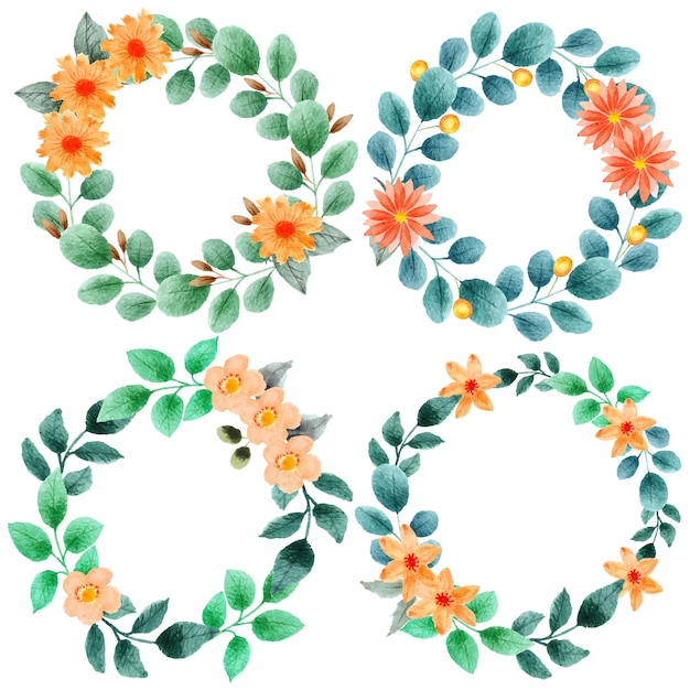 hand drawn set of orange floral wreath