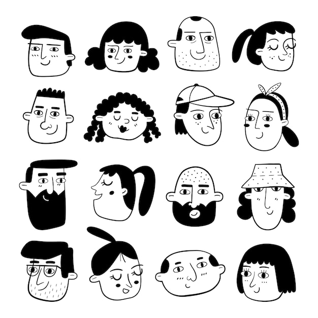 Vector hand drawn set of people faces in black and white