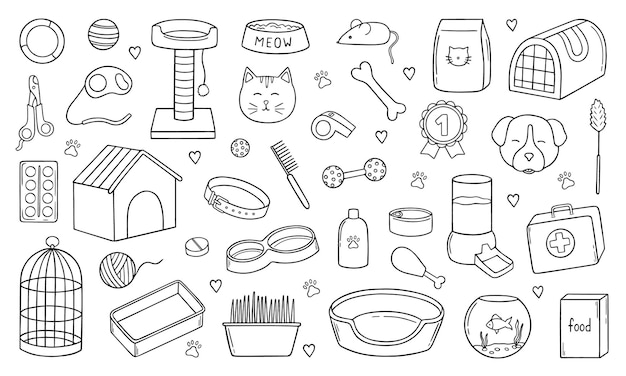 Hand drawn set of pets shop and veterinary doodle