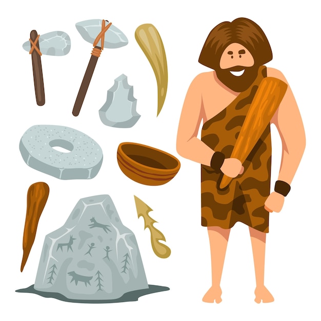 Hand drawn set of Primitive icons Elements Tools or Equipments Vector illustration set stone axe