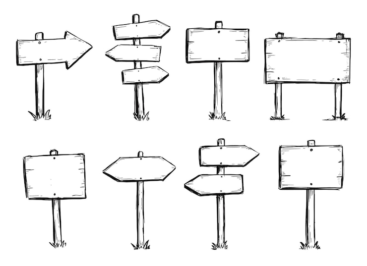 Vector hand drawn set of road direction sign