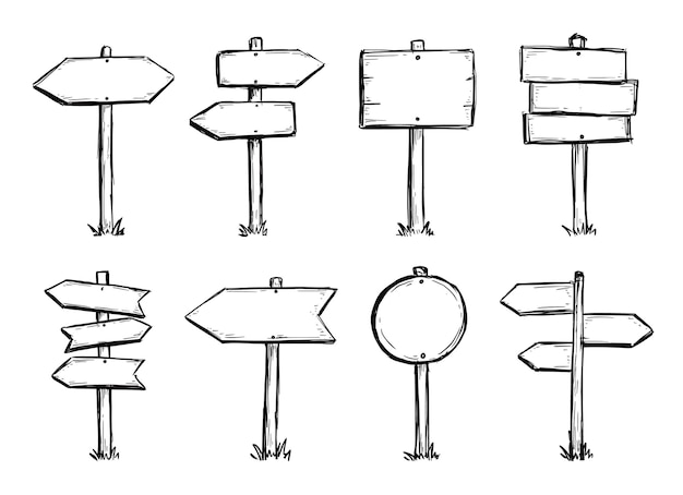 Vector hand drawn set of road direction sign