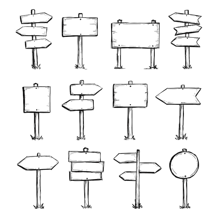 Vector hand drawn set of road direction sign