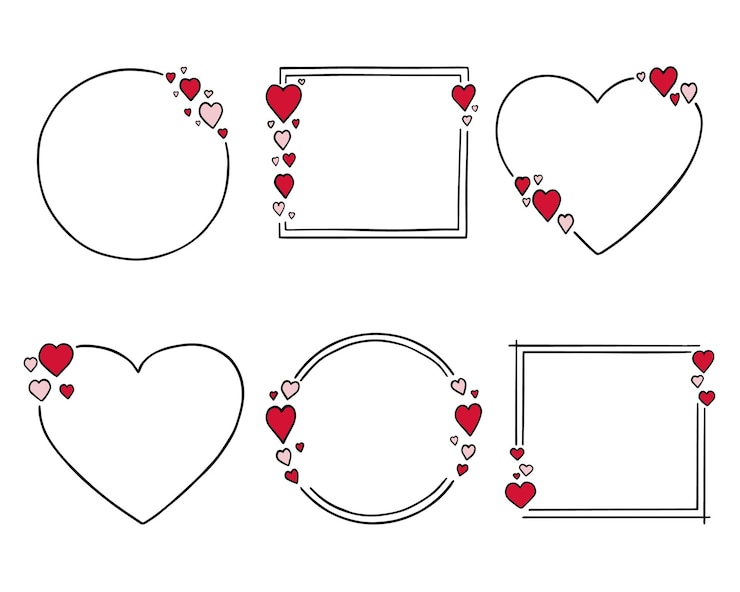 Vector hand drawn set of romantic frames with hearts doodle sketch style