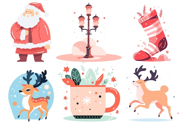 Hand Drawn Set of Santa Claus with Christmas objects in flat style isolated on background