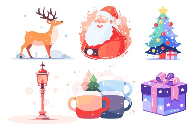 Hand Drawn Set of Santa Claus with Christmas objects in flat style isolated on background