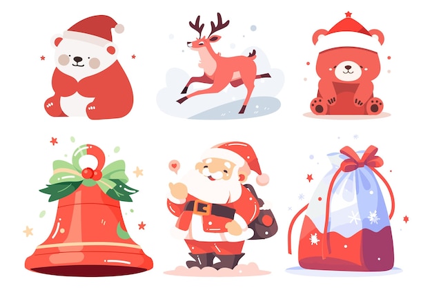 Hand Drawn Set of Santa Claus with Christmas objects in flat style isolated on background