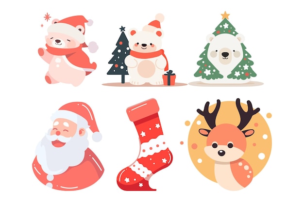 Hand Drawn Set of Santa Claus with Christmas objects in flat style isolated on background