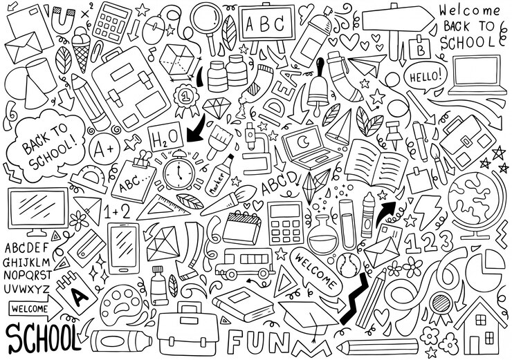 Vector hand drawn set of school icons ornaments background pattern  