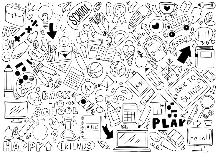 Vector hand drawn set of school icons ornaments background pattern  