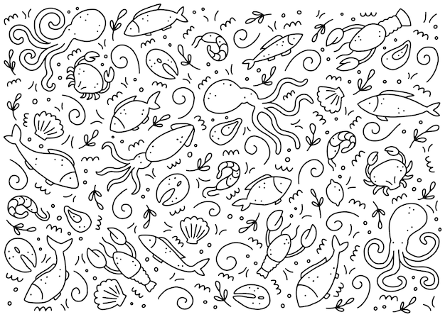 Hand drawn set of seafood elements. Doodle style illustration.