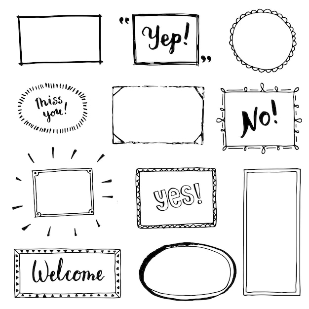 Vector hand drawn set of simple frame and border with different shapes: heart, square, oval. cut isolated vector illustration for your banner design. doodle sketch style. frame element drawn by brush-pen.