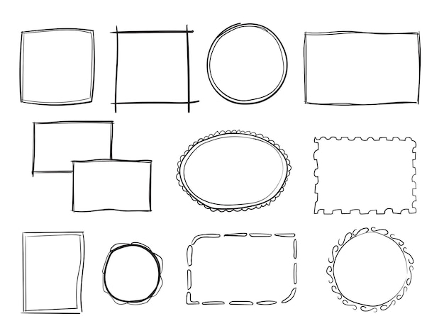 Vector hand drawn set of simple frame and border with different shapes