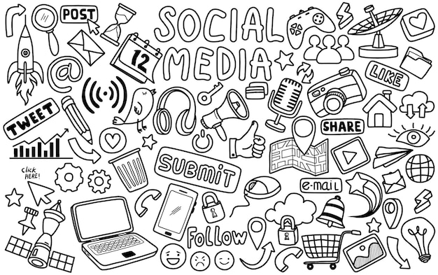 Hand drawn set of social media sign and symbol doodles elements isolated on white background