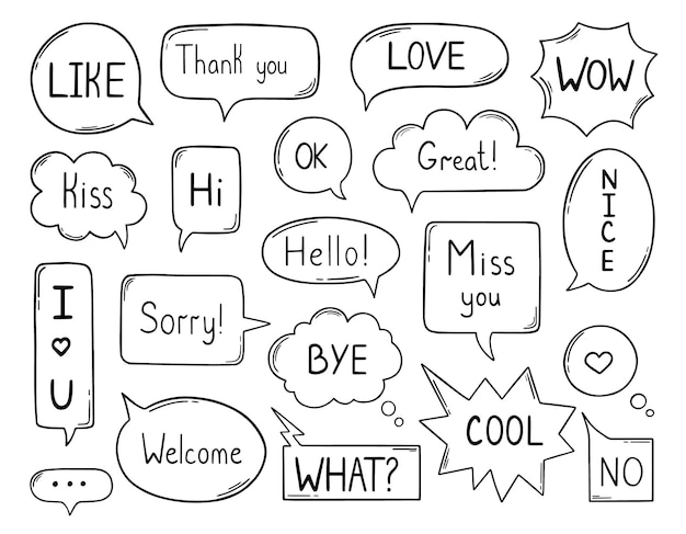 Hand drawn set of speech bubble sketch doodle handwritten phrases ok yes thank you wow hello