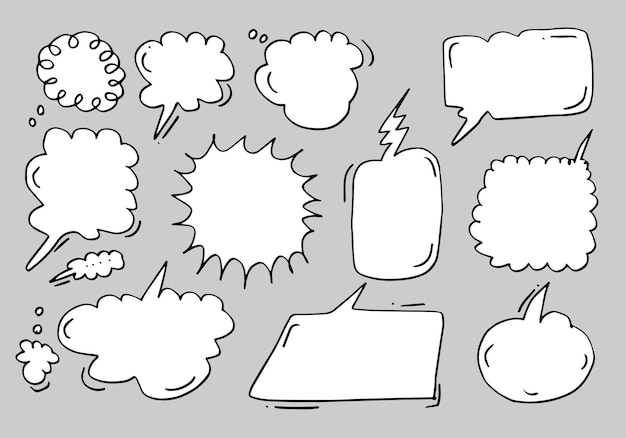 Hand drawn set of speech bubbles isolated on gray background