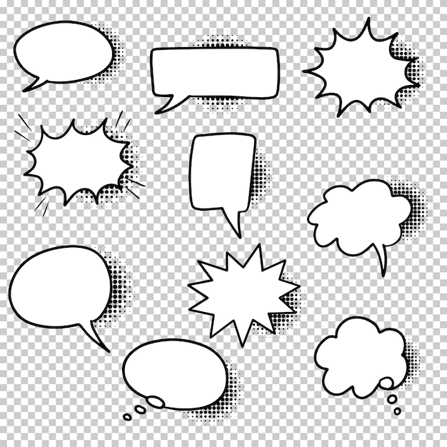 Hand drawn set of speech bubbles isolated with black halftone shadows on transparent background. Doodle set element. Vector illustration.