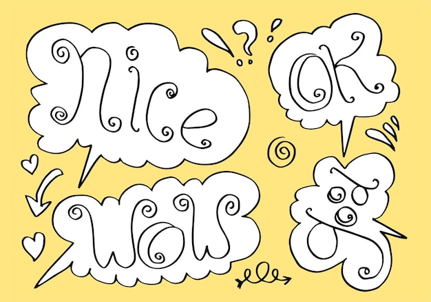 Hand drawn set of speech bubbles with handwritten short phrases nice ok wow good on yellow background