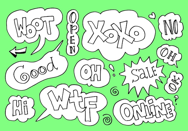 Insieme disegnato a mano di fumetti con brevi frasi scritte a mano woot open xoxo good sale wtf online e altro su sfondo verde