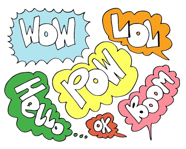 Hand drawn set of speech bubbles with handwritten short phrases.