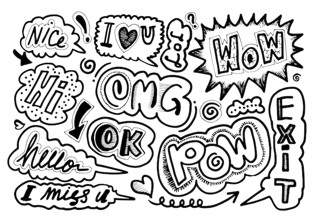 Hand drawn set of speech bubbles with handwritten short phrases.