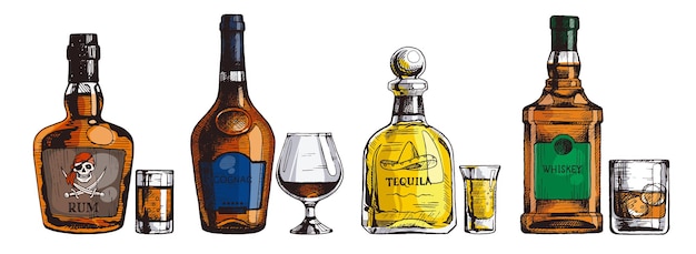 Set disegnato a mano di forti bevande alcoliche bottiglia di rum cognac tequila scotch whisky