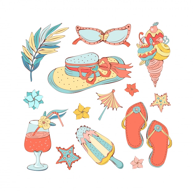 Hand drawn set of summer icons in vintage style