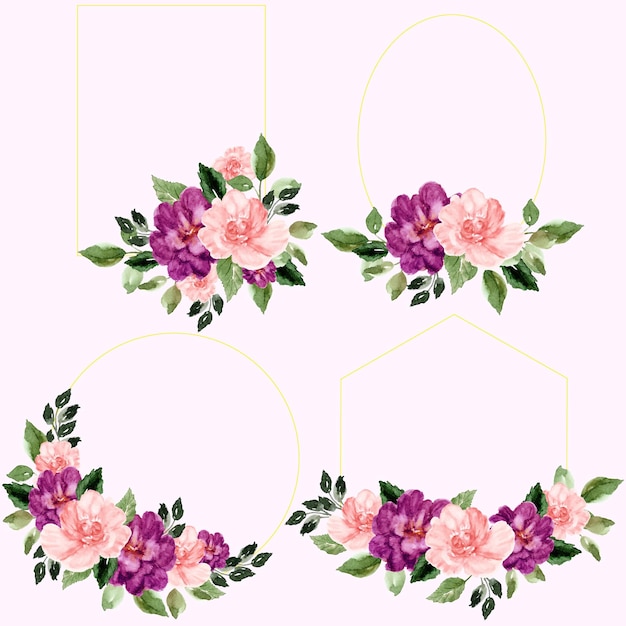 Hand drawn set of summer purple and pink floral frame