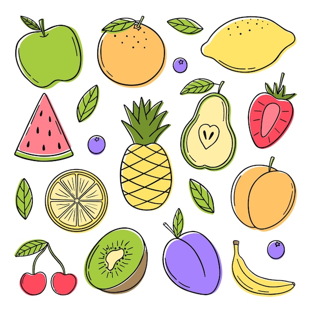 Hand drawn set of summer tropical fruits doodle vegetarian food in sketch style