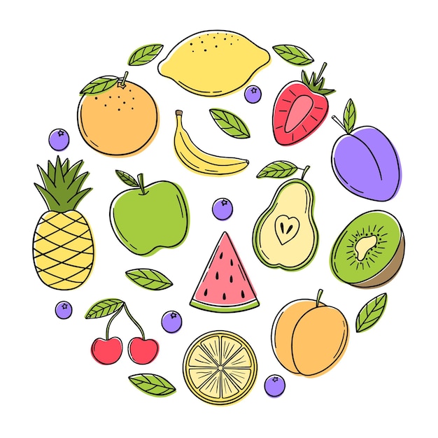 Vettore insieme disegnato a mano di frutta tropicale estiva doodle cibo vegetariano in stile schizzo