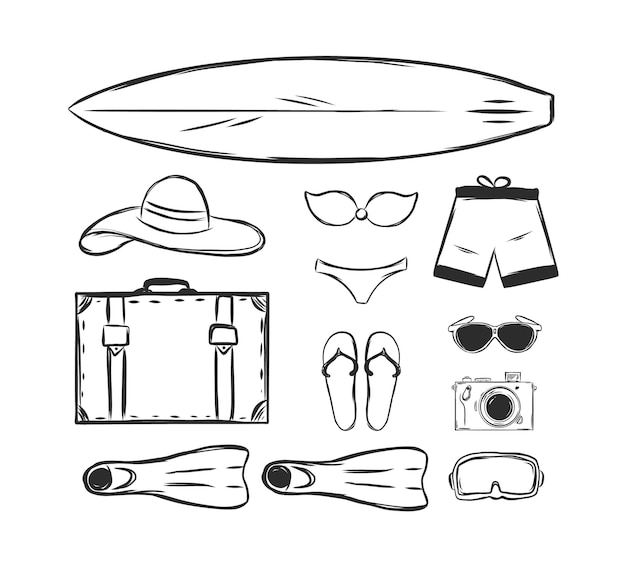 Hand drawn set of summer vacation elements.