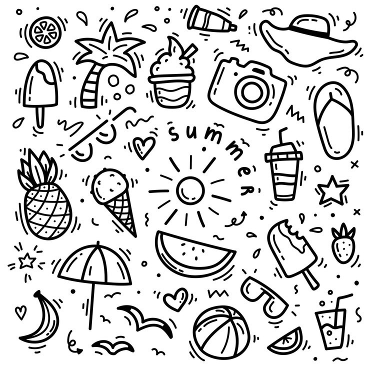 Vector hand drawn set of summer vector doodles