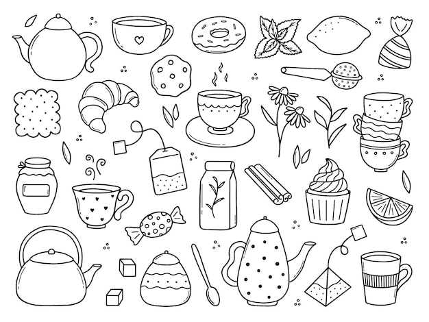 Hand drawn set of Tea time doodle icons Teapots cups lemon and sweets in sketch style