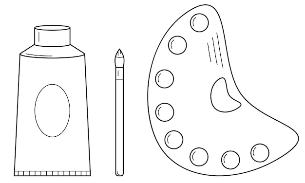 Hand drawn set of tools for painting with watercolor. Palette with paints, brush, tube. Vector.