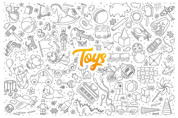 Vector hand drawn set of toys doodles with yellow lettering  