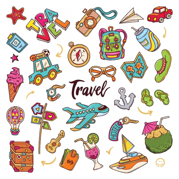 Vector hand drawn set of travel doodles