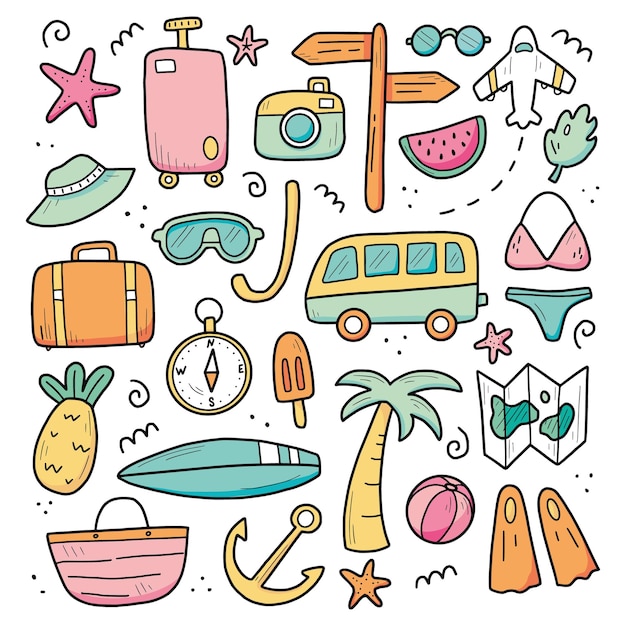 旅行夏休み要素の手描きセット