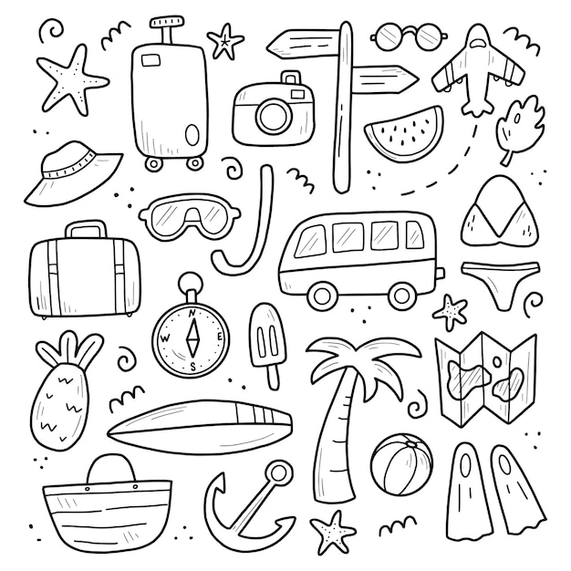 Vector hand drawn set of travel summer vacation elements