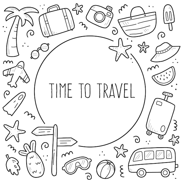 Vector hand drawn set of travel summer vacation elements