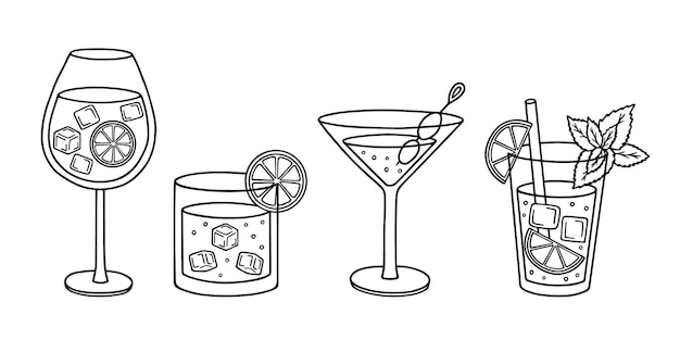 Insieme disegnato a mano di cocktail esotici tropicali doodle bevande alcoliche estive in stile schizzo